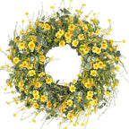 Sggvecsy Yellow Daisy Wreath 24 Inch Spring Summer Wreath Fake Silk Floral Wreath with Green Eucalyptus Leaves and Lavender for Front Door Window Wall Wedding Farmhouse Festival Decor