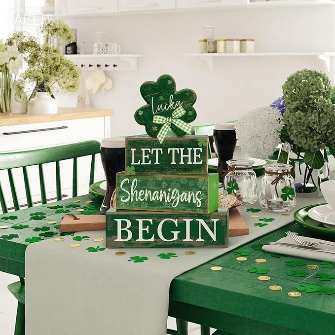 Lineshading 4 Pcs St Patricks Day Table Decorations Wooden Shamrocks St Patrick's Day Tiered Tray Decor Irish Centerpiece Green Lucky Shamrocks Block Signs for Saint Patty's Party Home Kitchen Decor