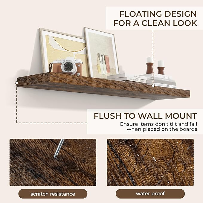 RICHFOCUS 40Inch Floating Shelves for Wall 1 Pack Shelves for Bedroom|Kitchen|Bathroom|Laundry Room Rustic Wood Wall Mounted Shelf with Invisible Brackets for Books|Storage|Decor, Rustic Brown
