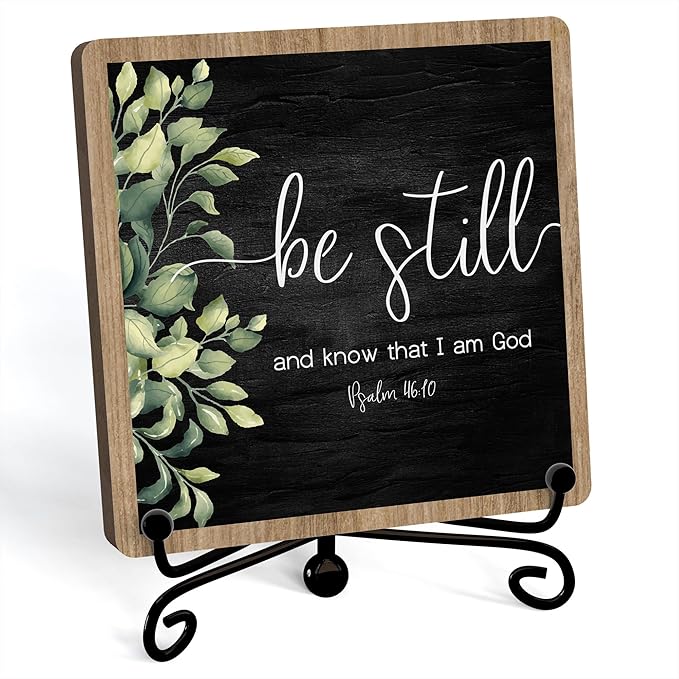 Inspirational Christian Desk Decor, Be Still And Know That I Am God Sign, Desk Decorations For Office Home Living Room Bathroom, Eucalyptus Shelf Decor, Wooden Plaque With Stand (02)