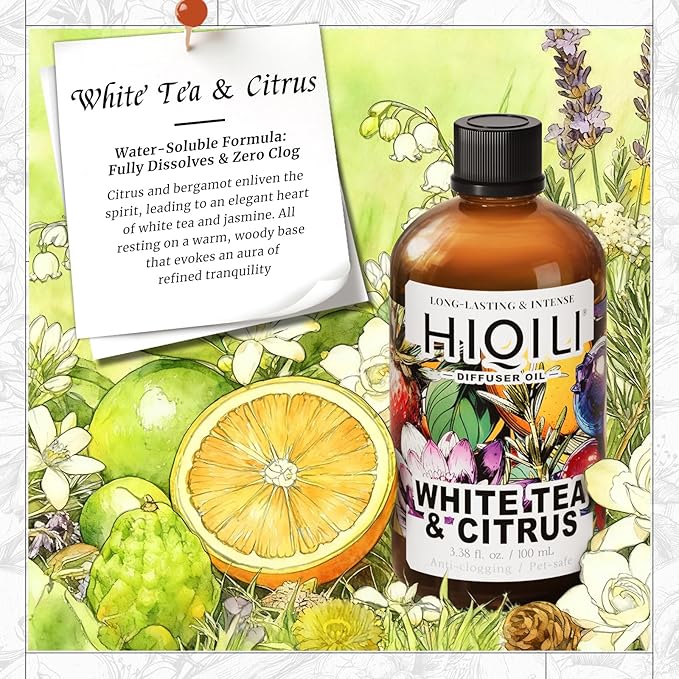 HIQILI White Tea & Citrus Diffuser Oil, Hotel Collection Scented Fragrance Oil for Ultrasonic Diffuser, Relaxing Aromatherapy, Home & Office - 3.38 Fl Oz