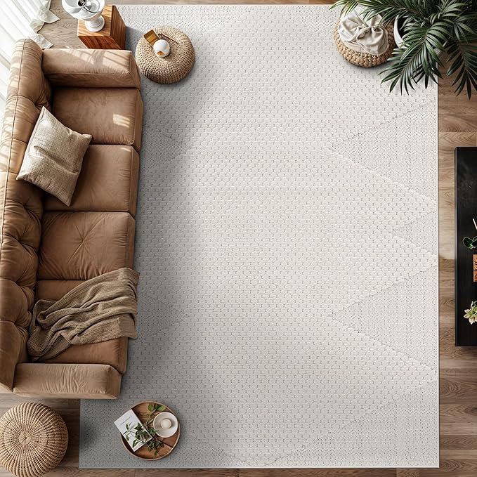 Modern Micro Loop Indoor Area Rugs for Living Room Bedroom Kitchen Geometric Triangle White 5x7 Luxury Durable Low and High Pile Non-Shedding Stain Resistant Soft Area Carpet 5 x 7