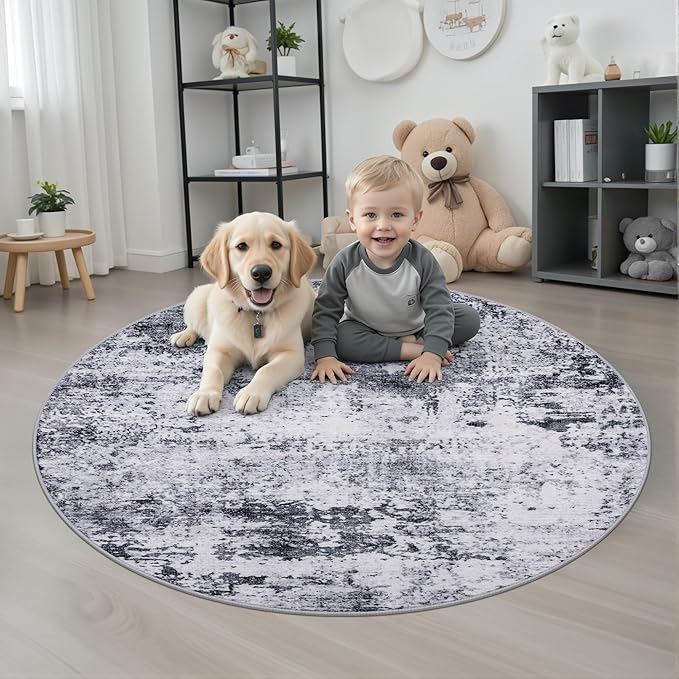 Round Area Rug for Living Room: 5 ft Washable Modern Abstract Soft Thin Rug Indoor Floor No Slip Stain Resistant Carpet for Bedroom Dining Room Farmhouse Nursery Home Office - Grey