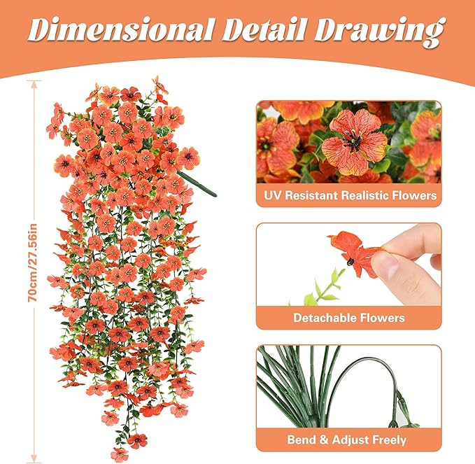 Artificial Hanging Flowers for Outdoors,2 Bundles Silk Fake Fall Flowers for Outside, Realistic Faux Plants for Hanging Baskets, Planters-Porch, Patio, Yard Decor(Orange)