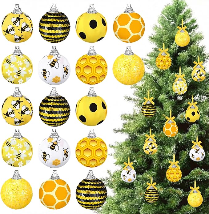 Zeyune 16 Pcs Summer Tree Ornaments Bee Decoration for Small Tree 1.6 Inch Spring Hanging Sequin Balls Ornaments Glitter Hanging Honeycomb Balls Decor for Summer Holiday Party