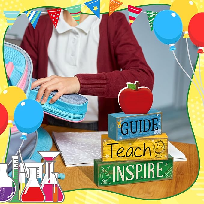 Yuntau 4 Pcs Teacher Appreciation Gift Wooden Apple Table Decoration Guide Teach Inspire Block Sign Apple Tiered Tray Decor Graduation Back to School Teachers Gift for Office Classroom
