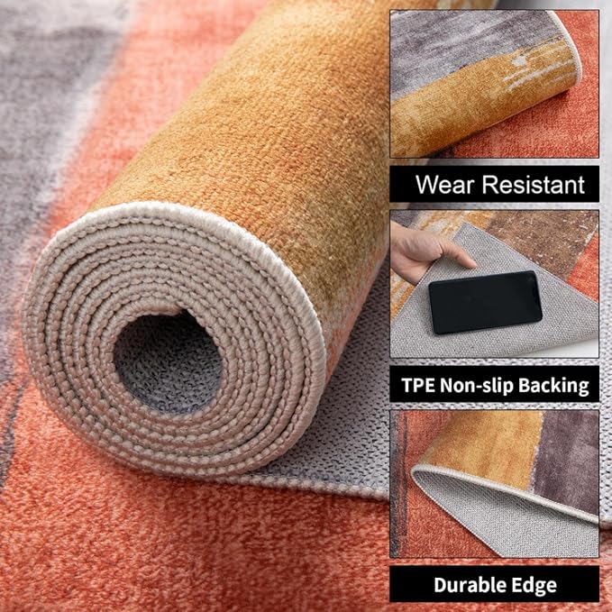 Ciicool 2x6 Washable Runner Rug, Modern Abstract Hallway Rug Runner, Non-Slip Thin Accent Rugs Lightweight Red Yellow Brown Print Distressed Carpet Runners for Laundry Entryway Bedroom Kitchen Indoor