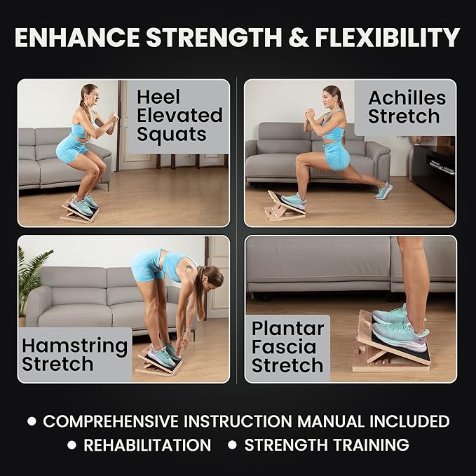 17″ Wide, Premium Portable Wooden Slant Board, Thicker Bottom, Squats & Calf Stretching – Professional Adjustable Calf Stretcher Slant Board, Exercise Guide & Bonus Muscle Roller, Physical Therapy