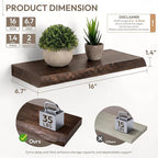 Marsmiles 16 inch Floating Shelves for Wall Elm Wood Live Edge Shelves|Rustic Wall Shelves with Invisible Heavy-Duty Bracket for Bathroom Living Room Kitchen|Walnut, 2 Pack