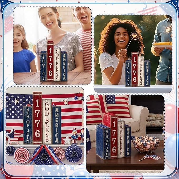 Lineshading 4 Pcs 4th of July Table Decoration Wooden Book 1776 God Bless America Decor Patriotic Tiered Tray Decor Farmhouse Red White and Blue American Block Signs for 250th Anniversary Home Shelf