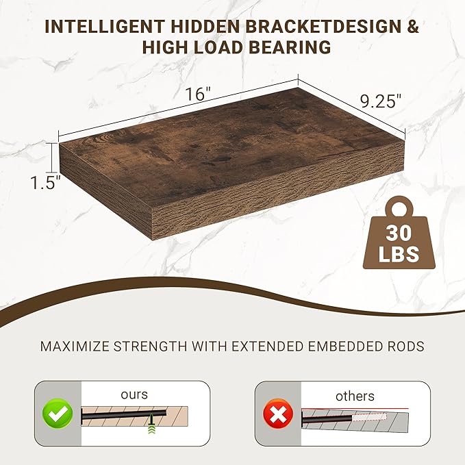 Acovy 16 Inch Floating Shelves, 16"x9.25"x1.5" Inch Deep Floating Shelves for Wall, Wooden Shelves for Bathroom, Bedroom, Living Room, Brown, 2 Pieces