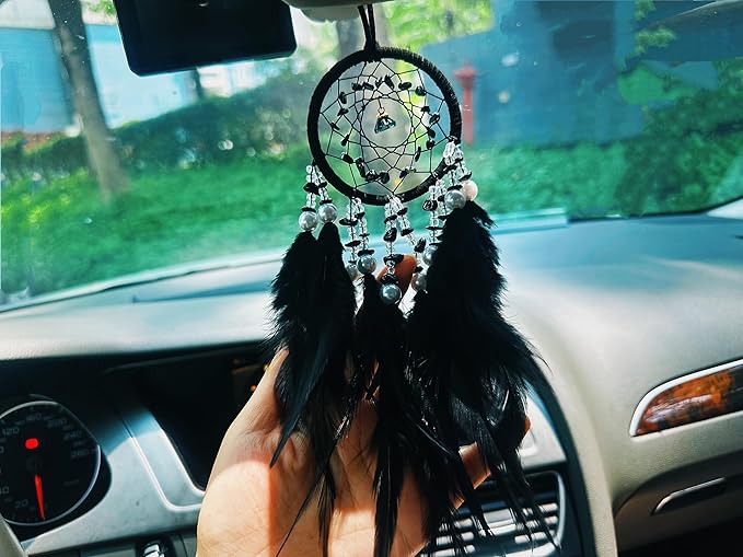 Mini Dream Catcher for Car Rear View Mirror Accessories,Handmade Small Dream Catchers Boho Car Charm Interior Decor（Black）