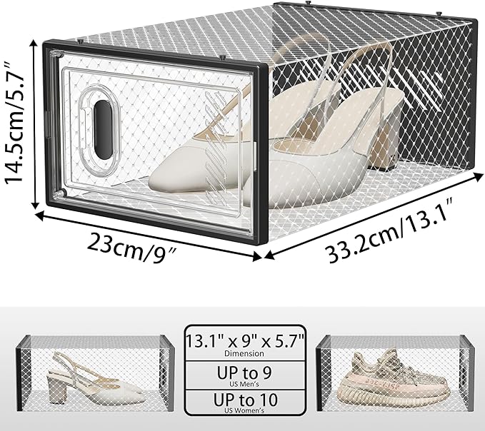 Shoe Storage, 12 Pack Shoe Organizer for Closet, Shoe Boxes Clear Plastic Stackable Shoe Containers with Lids for Size 10, Black