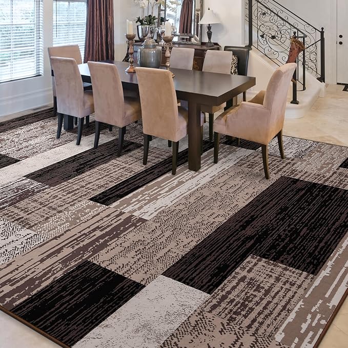FlyDOIT Modern Geometric Patchwork Area Rug, 7x10 Chocolate Large Rugs for Living Room, Rockwood Collection Indoor Rugs for Bedroom, Throw Carpet Floor Decor for Entryway Dining Room Office Nursery