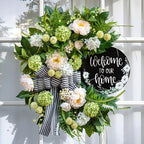 Spring Summer Wreaths for Front Door, Half Circle Summer Wreath with Hydrangea & Peony, Striped Bow & Welcome Sign – 24 Inch Indoor/Outdoor Seasonal, Housewarming & Festive Spring Door Wreath Decor