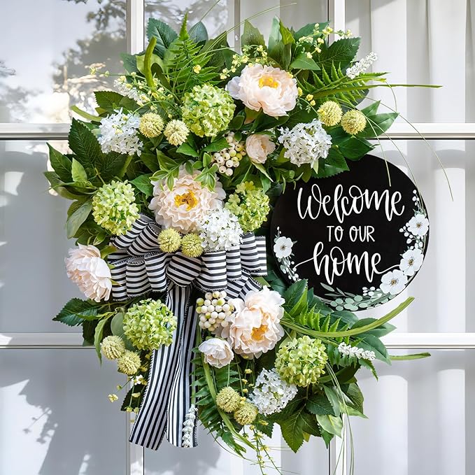 Spring Summer Wreaths for Front Door, Half Circle Summer Wreath with Hydrangea & Peony, Striped Bow & Welcome Sign – 24 Inch Indoor/Outdoor Seasonal, Housewarming & Festive Spring Door Wreath Decor