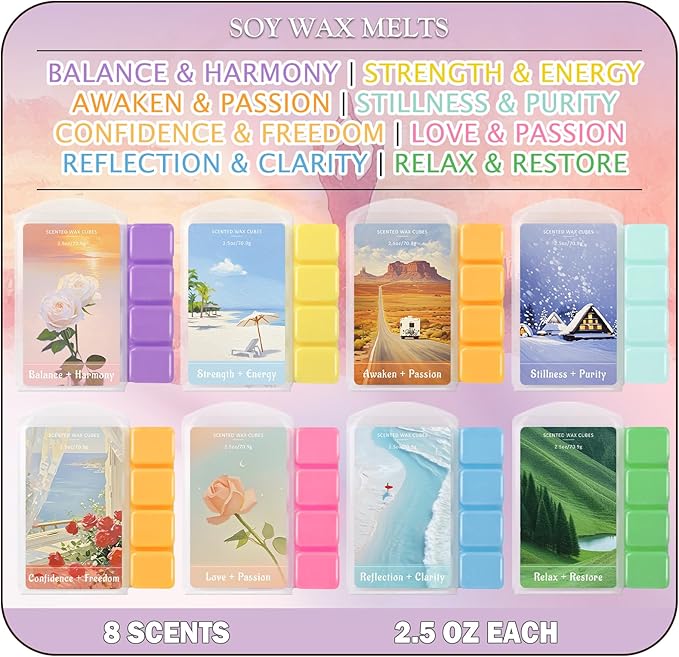 SCENTORINI Wax Melts, Soy Wax Cubes for Relax Healing, Summer Scents Wax Tarts for Warmer, Highly Scented Wax Melts Gift Set for Home Fragrance, 8 Pack