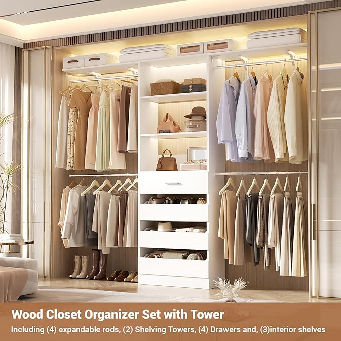 Aheaplus Closet System with 4 Drawers, 8FT Wood Closet Organizer System, 96’’ Walk-in Closet Wardrobe with Tower, 4 Hang Rods, 2 Top Shelves, Built In Closet Insert System, Fits Spaces 4-9 ft, White