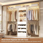 Aheaplus Closet System with 4 Drawers, 8FT Wood Closet Organizer System, 96’’ Walk-in Closet Wardrobe with Tower, 4 Hang Rods, 2 Top Shelves, Built In Closet Insert System, Fits Spaces 4-9 ft, White
