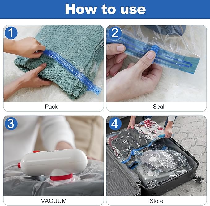 VMstr Vacuum Seal Bags for Clothing Travel, Vacuum Storage Bags with USB Electric Pump, Compression Space Saver for Luggage Suitcase 6 Combo Bags + USB Pump
