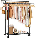 Metal Clothes Rack - Double Rod Clothing Rack with Fixed Design and Rolling Wheels, Coat Rack with Built-In Shelf for Closet Organizers and Storage (38.5" x 16.9" x 59.0", Black)