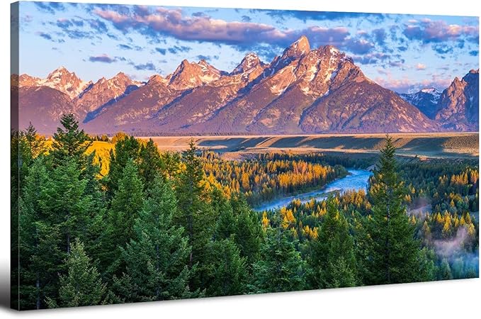 AIYISU Grand Teton Mountain Wall Art Sunset Nature National Park Posters Oxbow Bend Snake River Landscape Wall Decor Wyoming Scenery Painting Artwork for Living Room Office Home Decoration 20x40