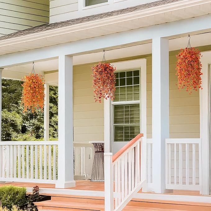 Artificial Fake Hanging Flowers Plants for Outdoor Fall Decoration,2PCS Faux Silk Daisy with Eucalyptus Leaves,UV Resistant Look Real for Outside Home Indoor Planter Porch Patio Yard Autumn Decor