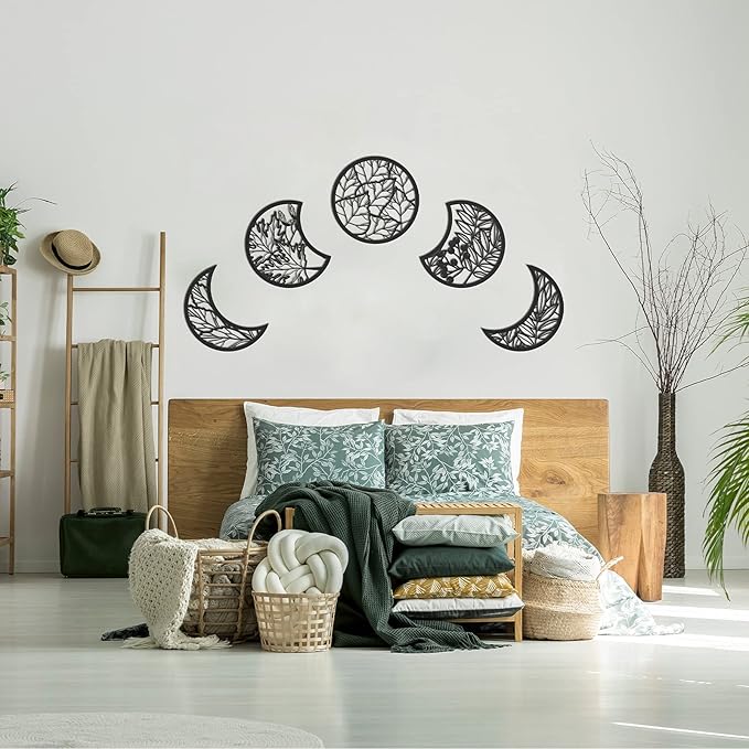 Jetec 5 Pcs Moon Phase Wall Art Decor Wall Pediments Hanging Wooden Phase Spiritual Bedroom Nordic Boho Lunar Aesthetic Art for Living Room Dorm Apartment Ornament(Black,10.6 Inch,Botanical)