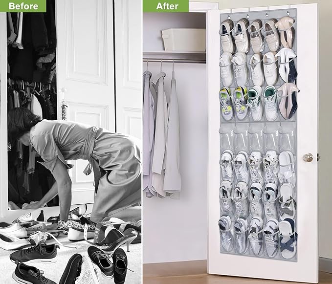 MISSLO 35 Clear Large Pockets Over The Door Shoe Organizer Sturdy Oxford Fabric Hanging Shoe Rack Closet Shoe Holder Hanger, Grey