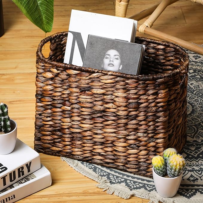 Tatuo Seagrass Magazine Baskets Magazine Holder Tall Narrow Woven Storage Wicker Basket Floor Bathroom Home Office Handwoven Holder for Books, Newspaper, File and Mail(Dark Brown)
