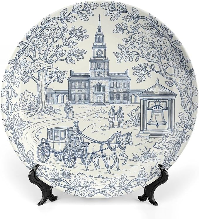 250th Anniversary Decorative Plates 10 Inch Patriotic Decorations Commemorative Plates with Stand Semiquincentennial 4th of July Veterans Day Home & Office Colonial Toile Design