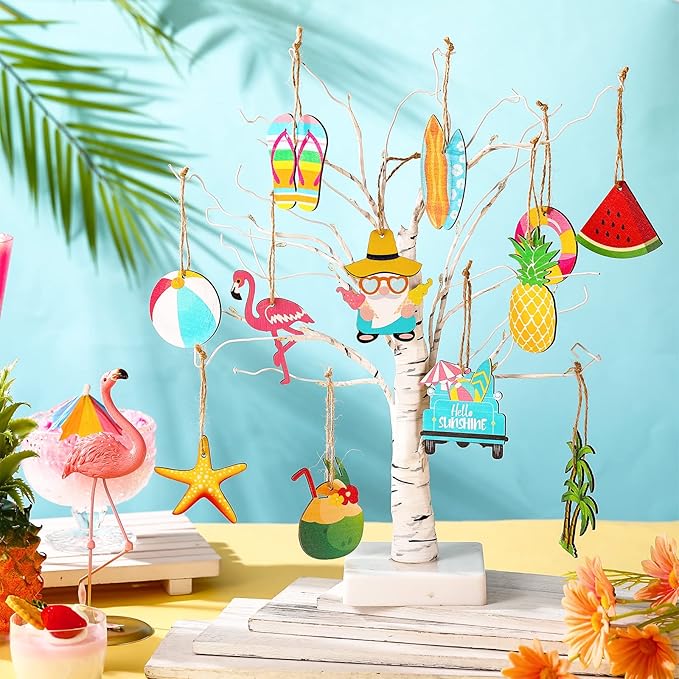 Geelin 36 Pcs Summer Wood Hanging Ornaments for Tree Mini Tree Decorations Hawaiian Beach Wooden Pendant Decorations with String for Luau Party Supplies(Classical)
