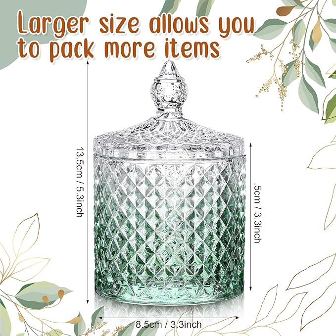 Aoriher 4 Pcs Crystal Glass Candy Jar Set with Lids Home Decorative Storage Jars for Apothecary, Bathroom, Kitchen, and Pantry, Ideal for Cotton Swabs and Jewelry (Medium,Gradient Green)