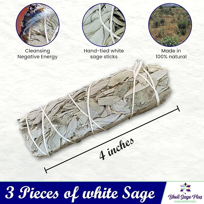 Bholi Sage Plus White Sage Sticks Pack of 3, Sage Smudge Kit 4'' Long Dried Sage Sticks for Meditation, Smudging and Cleansing, Getting Rid of Negative Energy