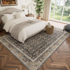 Washable 6x9 Area Rugs for Living Room, Boho Non-Slip Vintage Distress Large Rugs for Bedroom Dining Room Nursery Office, 0.3" Neutral Oriental Throw Thin Carpet, Black/Brown/Blue/Multi