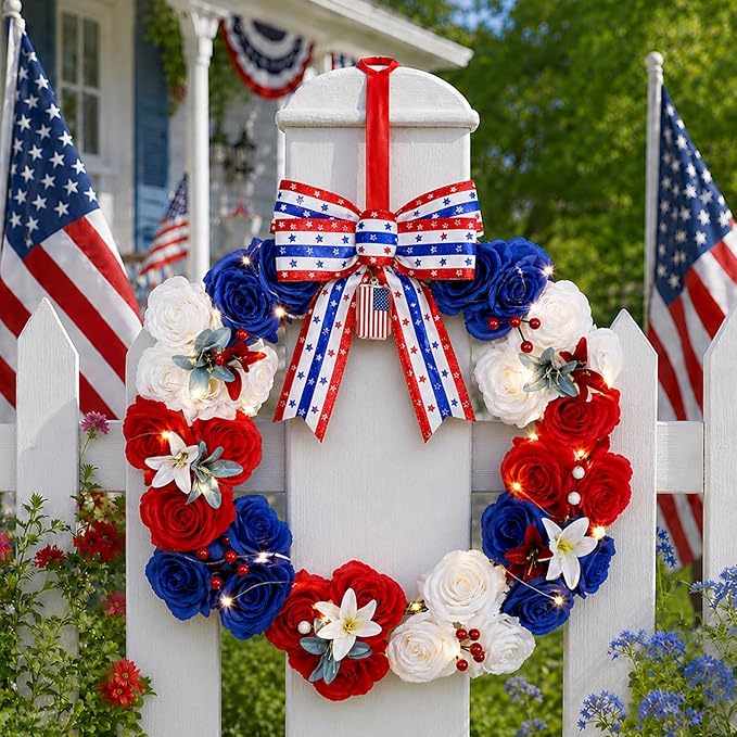250th Anniversary Lighted Patriotic Wreath for Front Door 22 Inch 4th of July Artificial Red White and Blue Rose Wreath with Oversized Bow American Flag Wreaths for Memorial Day Independence Day Decor