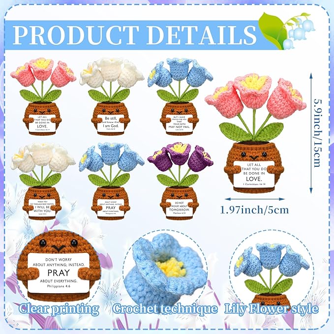 Wavwavw 6 Pcs Christian Gift for Women Inspirational Religious Gifts Positive Faith Scripture Crochet Handmade Bible Verse Crochet Doll with Prayer Card for Vbs Church(Lily of the Valley)