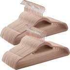 SONGMICS Velvet Hangers, Set of 50 Clothes Hanger with Rose Gold Swivel Hook, Non-Slip, and Space-Saving, 0.2-Inch Thick, 17.1-Inch Long for Coat, Shirt, Dress, Pants, Tie, Caramel Brown UCRF021LB50