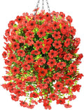 Artificial Fake Hanging Plants Flowers Baskets for Outdoor Outside Spring Decor,Faux Silk Daisy UV Resistant Look Real Summer Decorations for Home Porch Patio Yard Garden(Red