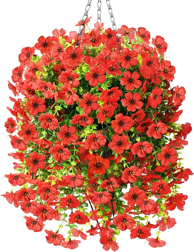 Artificial Fake Hanging Plants Flowers Baskets for Outdoor Outside Spring Decor,Faux Silk Daisy UV Resistant Look Real Summer Decorations for Home Porch Patio Yard Garden(Red