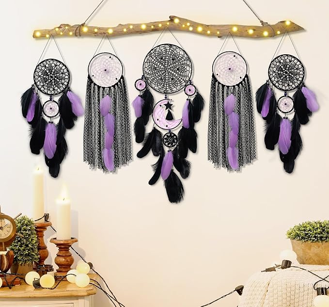 5 Pack Black Purple Dream Catchers Wall Decor Moon and Sun Feather Handmade Traditional Dreamcatchers Large Boho Macrame Wall Hanging Native American Decor for Bedroom Adult Halloween Decorations