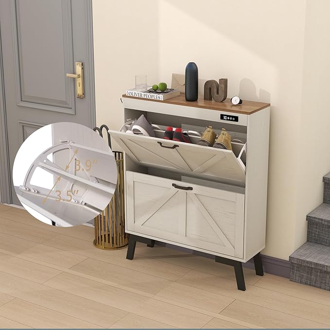 TaoHFE Farmhouse Small Shoe Cabinet Storage for Entryway,Deodorizing Shoe Organizer Cabinet Storage with 2 Flip Drawers,White flip Drawer Shoe Cabinet Hidden Cabinet Foyer,Hallway