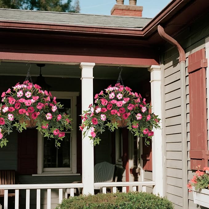 Artificial Fake Flowers Plants for Outdoors Spring Decoration, 2Pcs Faux Petunias with Greenery UV Resistant No Fade, Realistic Silk Flower for Outside Patio Planters Front Porch Window (Rose Red)