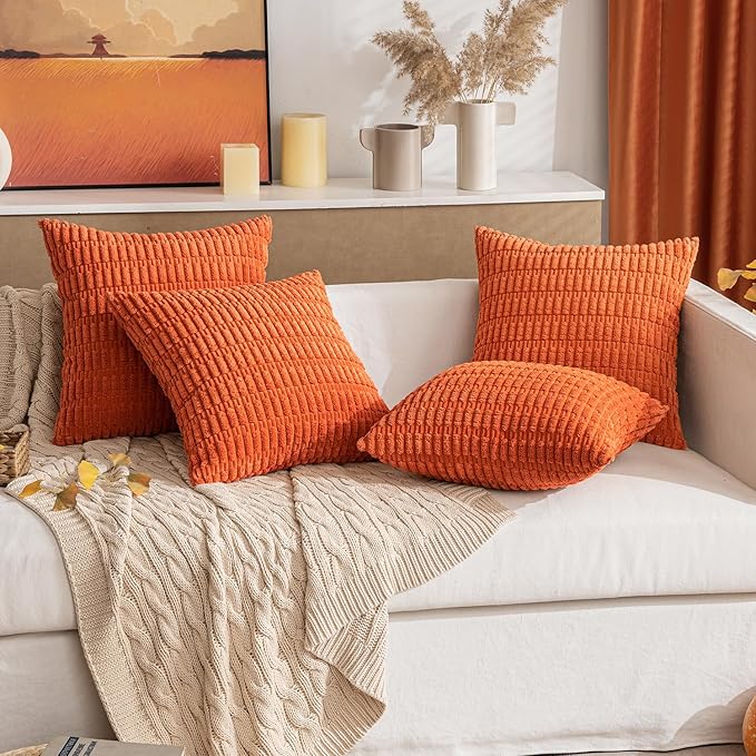 MIULEE Pack of 2 Orange Corduroy Decorative Pillow Covers 18x18 Inch Soft Boho Striped Throw Pillow Covers Modern Farmhouse Home Decor for Halloween Thanksgiving Summer Sofa Living Room Couch Bed