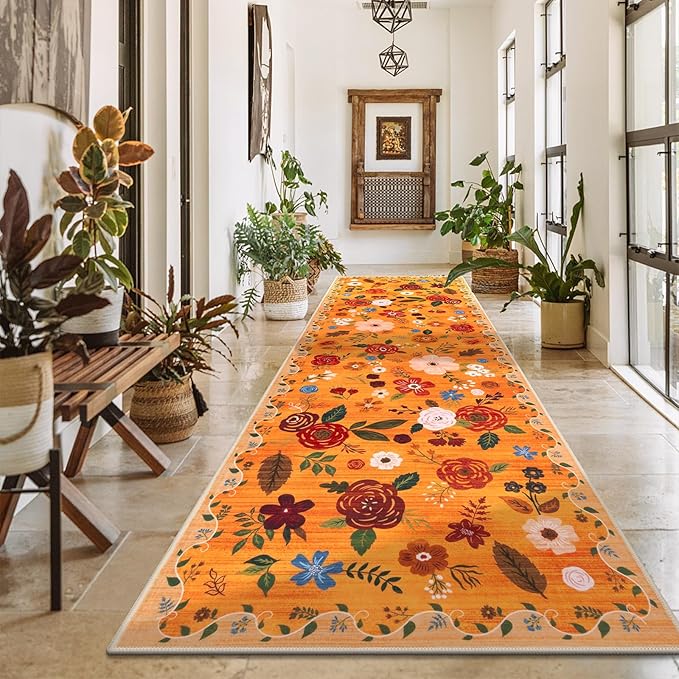 U'Artlines 2'6" x 8' Fall Boho Runner Rug for Hallways Kitchen Colorful Floral Soft Non Slip Washable Floor Carpet Runners for Entryway Laundry Room Bathroom Orange