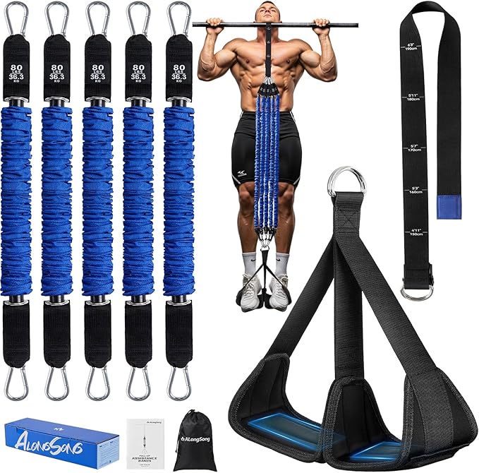 Pull Up Assistance Bands with Foot Support Pedal - Upgraded Heavy Duty Resistance Bands Adjustable Weight/Height with 80Lbs Bands&Measured Strap for Strength Training Home Gym
