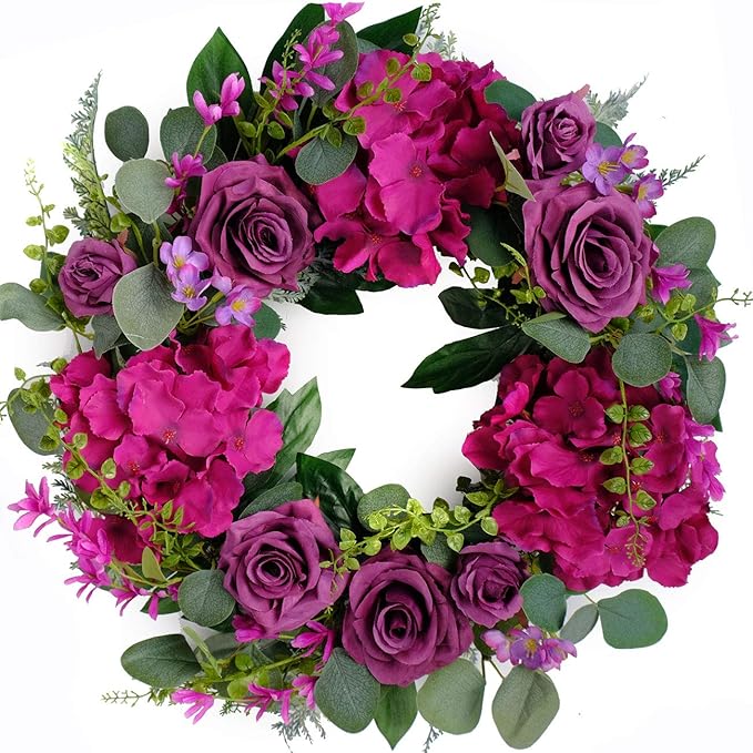 Artificial Purple Rose Wreaths 20 inches Front Door Wreath with Hydrangea Green Leaves Artificial Spring Wreaths Valentines Mother's Day Wreath for Wall Wedding Party Home Decor (Purple)