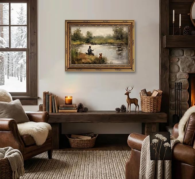 Vintage Gold Framed Wall Art Boy Fishing Country Oil Painting Canvas Prints Peaceful Lake Landscape with Dog Picture Rustic Farmhouse Poster Artwork for Nursery Living Room Bedroom, 9x11in