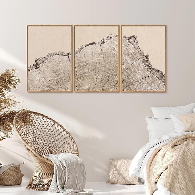 SIGNINART Large Tree Ring Framed Canvas Wall Art Set, Rustic Beige Nature Wooden Wall Decor, Neutral Wood Stump Artwork, Modern Art Prints for Bedroom Living Room Office 24"x36"x3