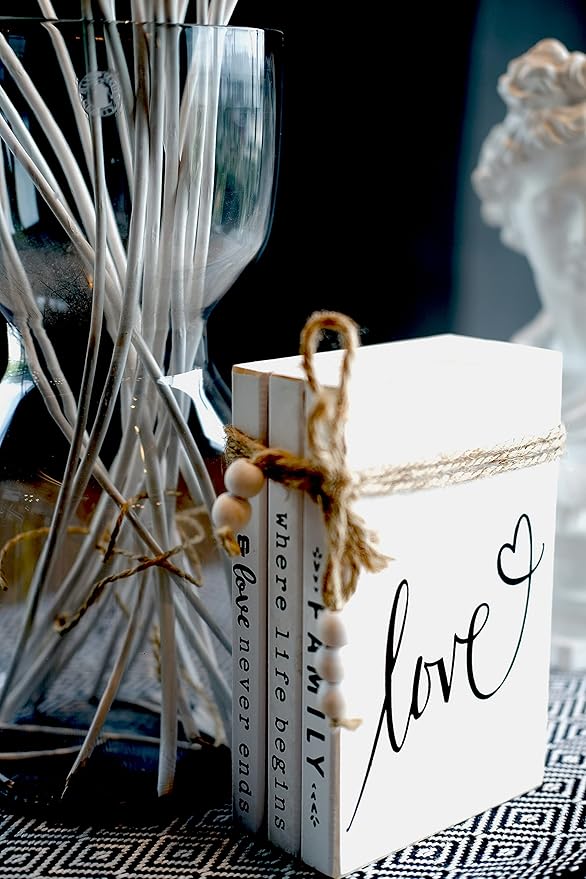 LIVDUCOT Wooden Decorative Books Stack for Coffee Table Faux Book Stack for Decoration Love Family Where Life Begins Modern Farmhouse Decor White Book Decor for Shelf 7X 5.5X 2.5'